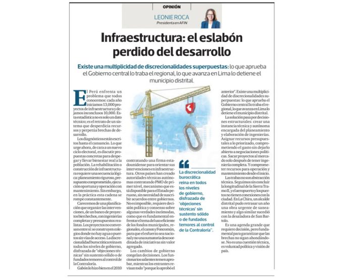 Infraestructura: el eslabón perdido del desarrollo, por Leonie Roca, presidenta de AFIN