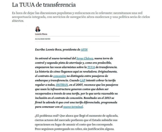La TUUA de transferencia, por Leonie Roca, presidenta de AFIN