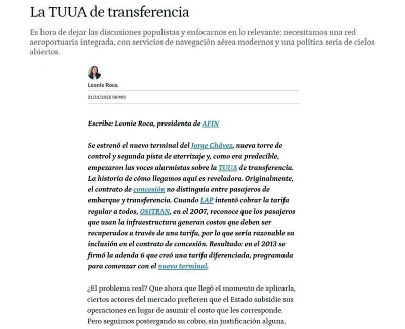 La TUUA de transferencia, por Leonie Roca, presidenta de AFIN
