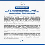 AFIN: Plantea que las Líneas 3 y 4 del Metro de Lima sean implementadas a través de asociaciones público-privadas