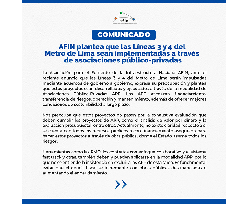 AFIN: Plantea que las Líneas 3 y 4 del Metro de Lima sean implementadas a través de asociaciones público-privadas