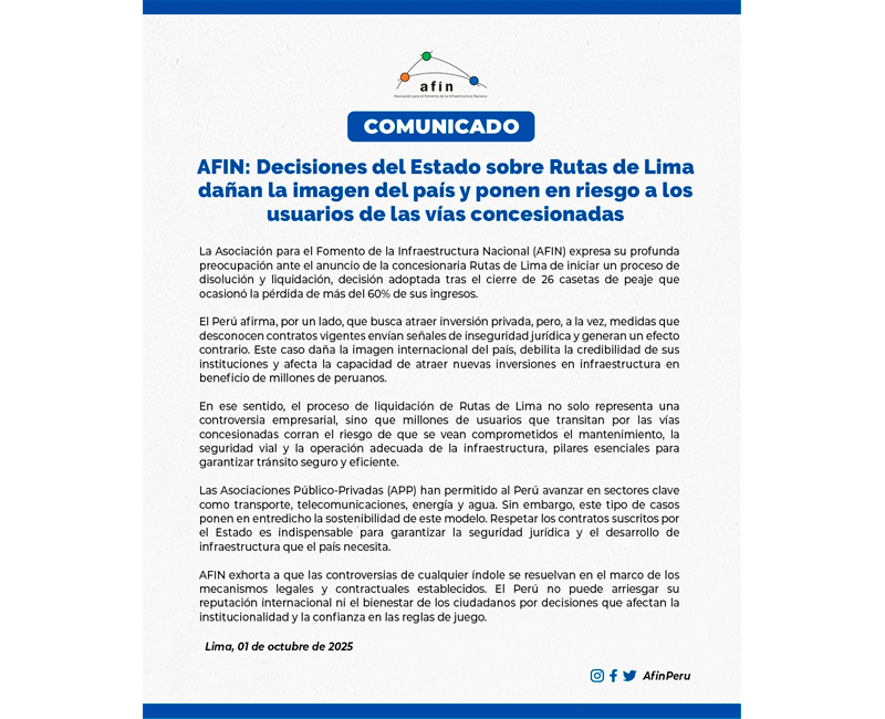 AFIN: Decisiones del Estado sobre Rutas de Lima dañan la imagen del país y ponen en riesgo a los usuarios de las vías concesionadas