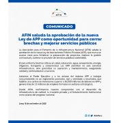 AFIN saluda la aprobación de la nueva Ley de APP como oportunidad para cerrar brechas y mejorar servicios