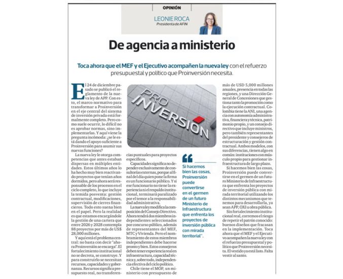 De agencia a ministerio, por Leonie Roca, presidenta de AFIN