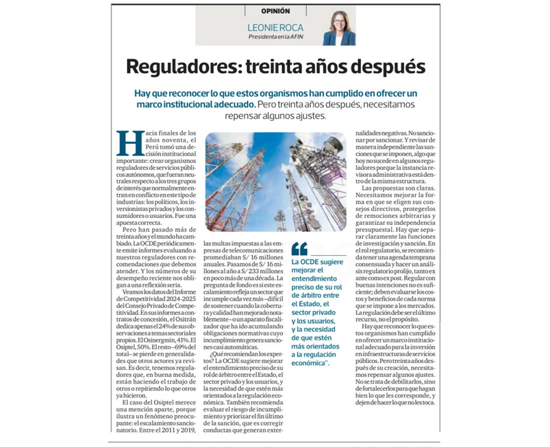 Reguladores: treinta años después, por Leonie Roca, presidenta de AFIN