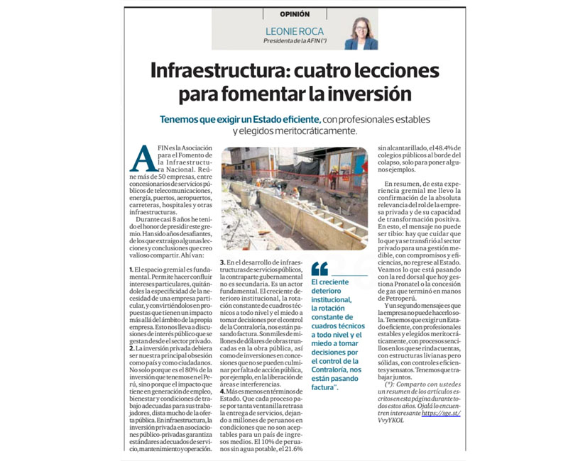Infraestructura: cuatro lecciones para fomentar la inversión, por Leonie Roca, presidenta de AFIN