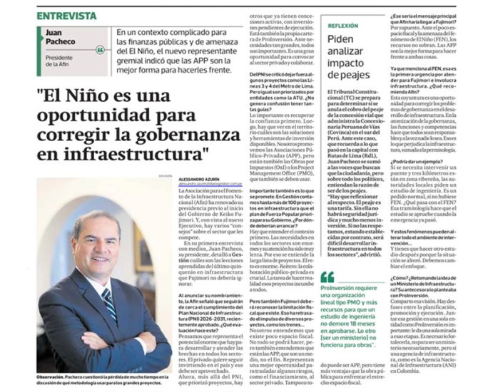 Entrevista a Juan Pacheco, presidente de AFIN | AFIN: Alerta por El Niño es una oportunidad para revertir “atomización” en infraestructura