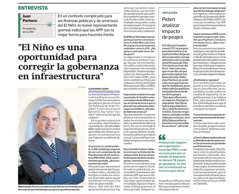 Entrevista a Juan Pacheco, presidente de AFIN | AFIN: Alerta por El Niño es una oportunidad para revertir “atomización” en infraestructura